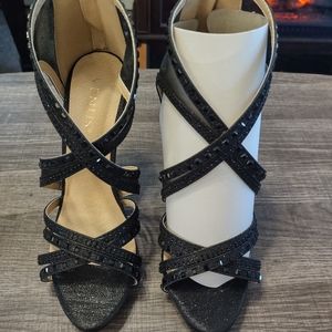 Venus Black Metallic Jeweled & Mesh Heels, Size 7